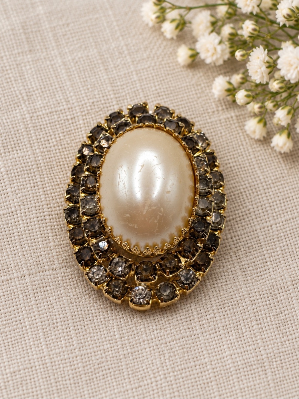 Vintage Regal Faux Pearl & Smoky Rhinestone Tiered Brooch